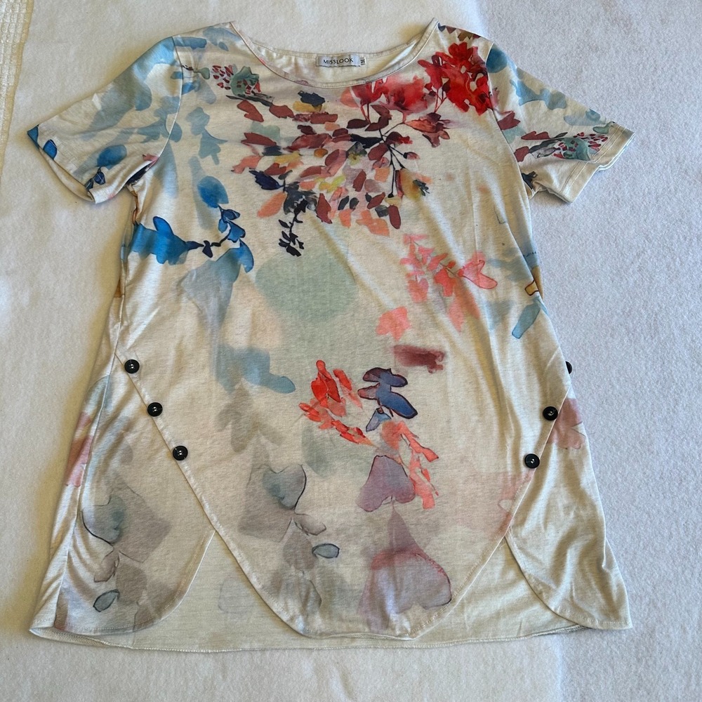 VTG Misslook Floral Tunic Top Womens Size M Watercolor Multicolor Art to Wear